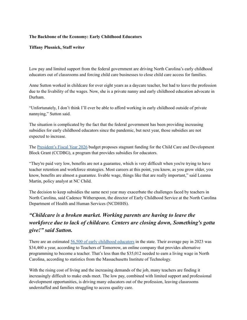 The first page of The Backbone of the Economy: Early Childhood Educators as Tiffany Plusnick filed it.