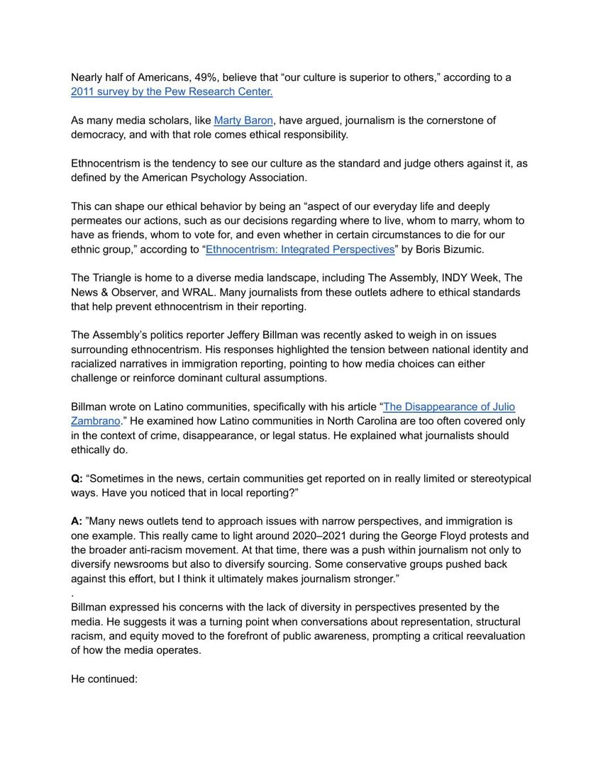 The first page of Tiffany Plusnick’s media-ethics reporting on ethnocentrism in journalism.
