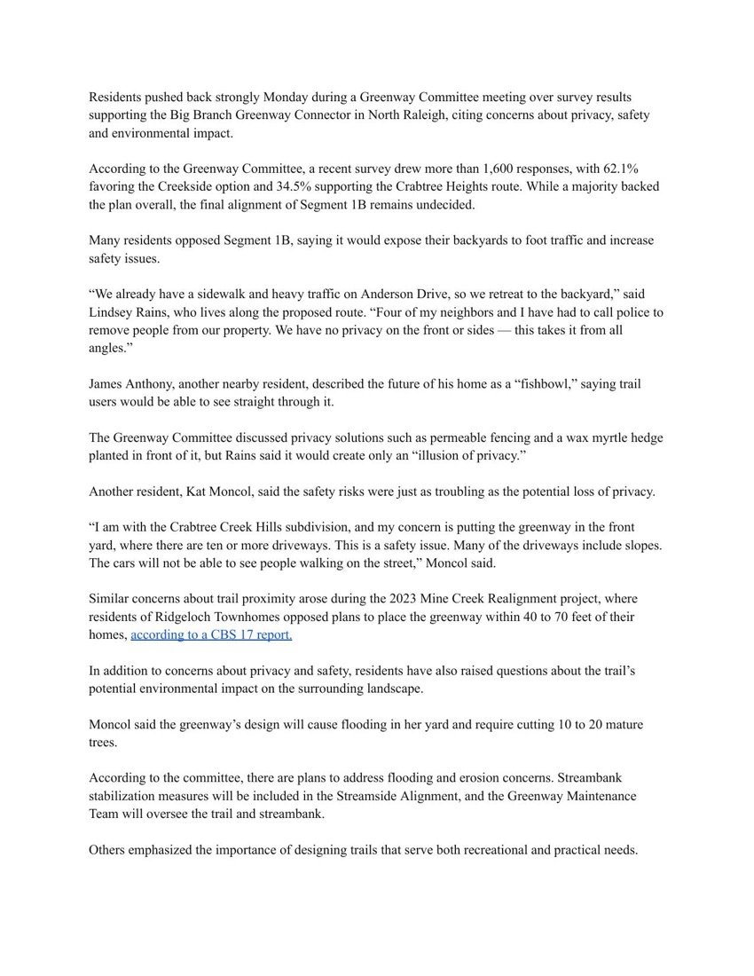 The first page of Tiffany Plusnick’s story on the Big Branch Greenway Connector meeting.
