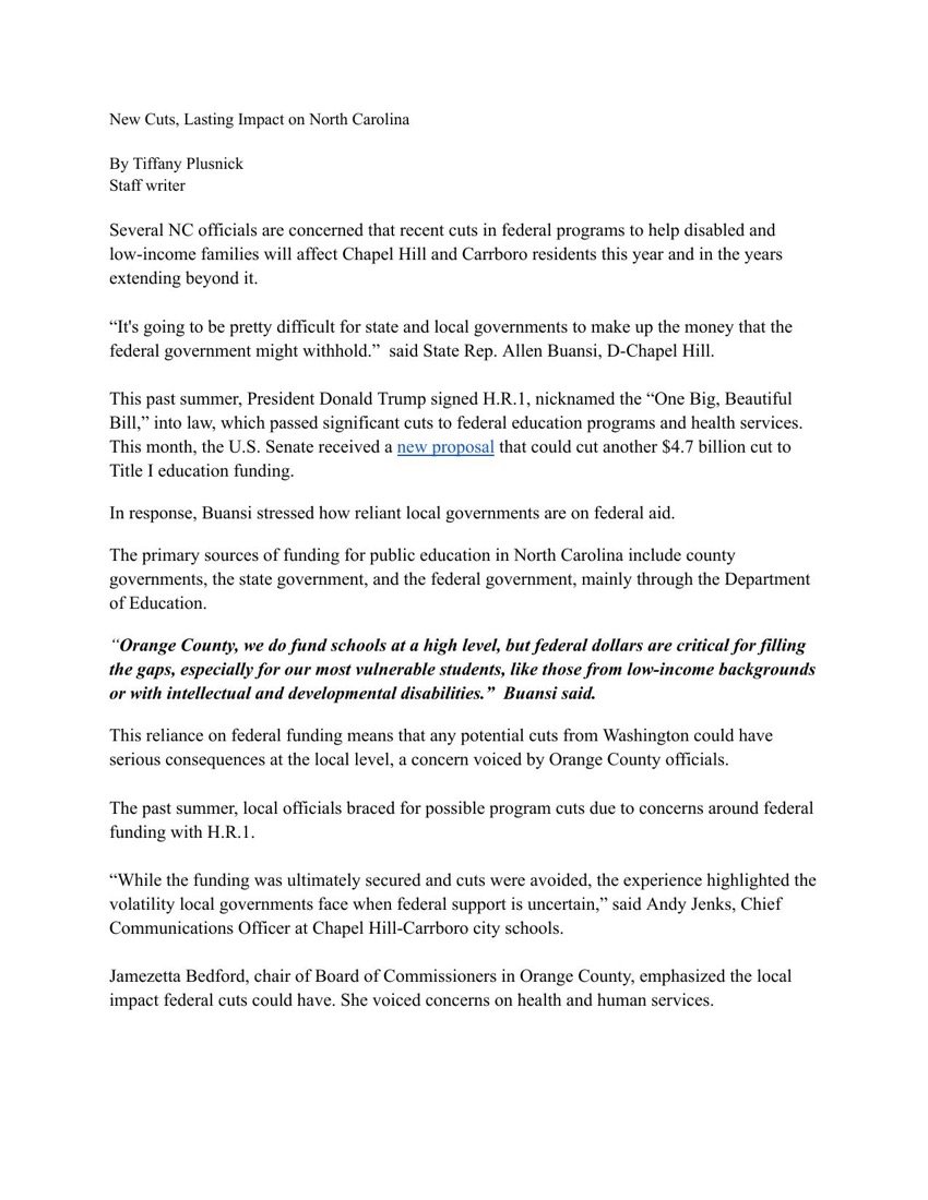 The first page of New Cuts, Lasting Impact on North Carolina as Tiffany Plusnick filed it.
